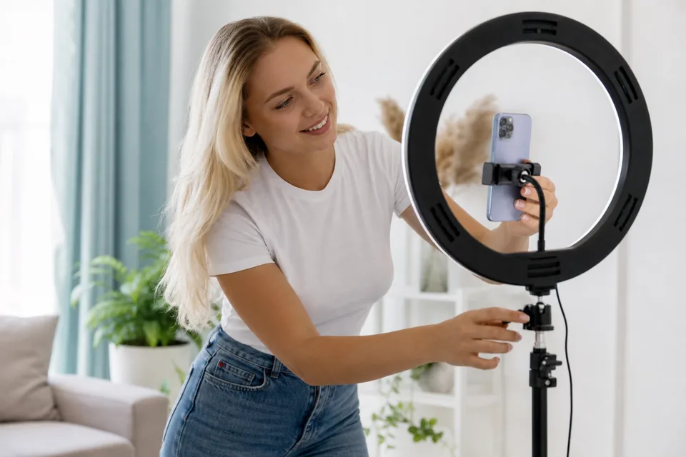 Creator setting up a ring light to film a video for her page