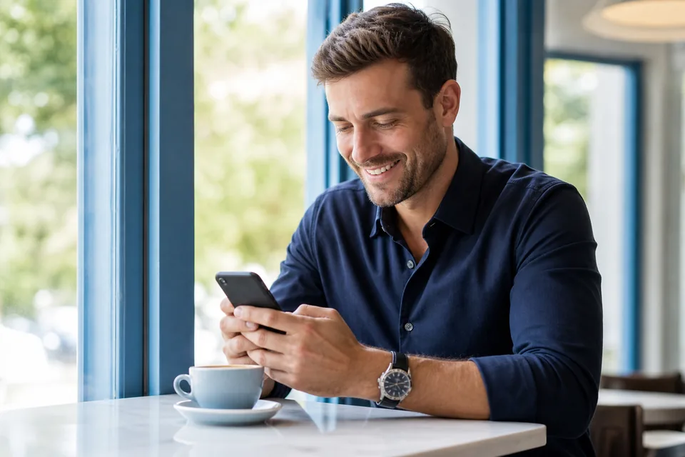 Fan browsing creator pages on his phone during a coffee break