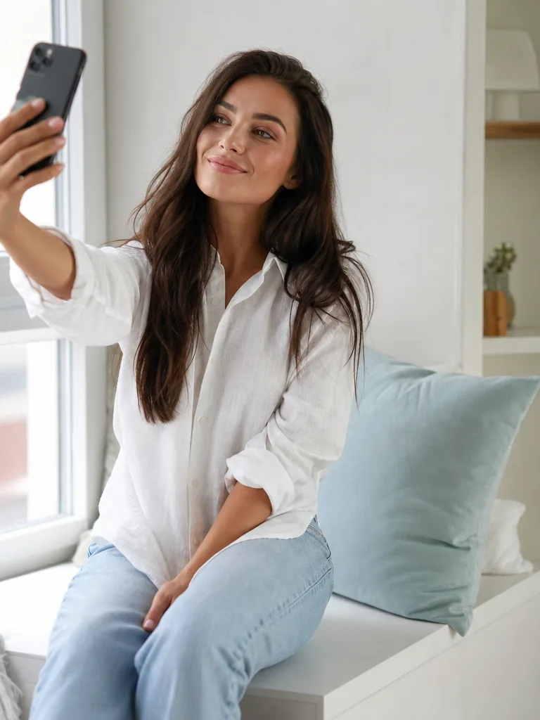 Creator photographing a new set for her subscribers by a sunny window